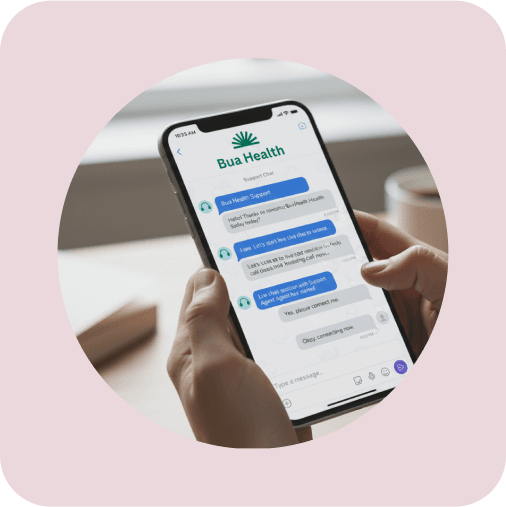 Bua Health mobile app support interface