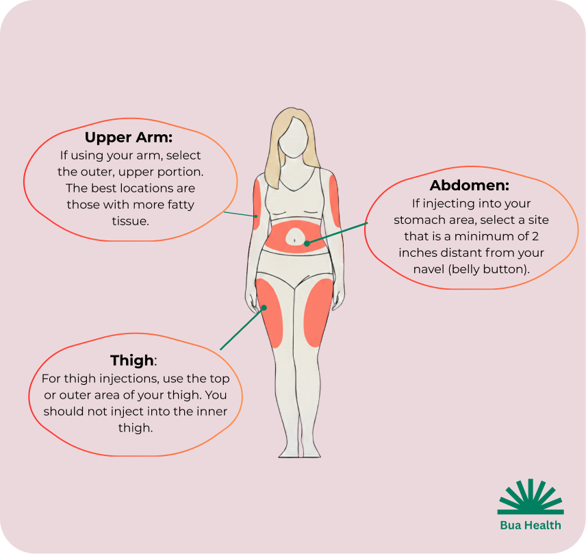 Wegovy injection site locations showing recommended areas on upper arms, abdomen, and thighs